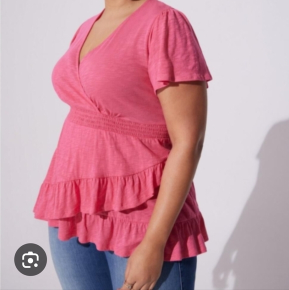 Torrid Cotton Modal Surplice Faux Wrap Top Pink Ruffle Stretch Size 2X - Picture 1 of 6